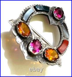 Antique Victorian Scottish Pebble Brooch c1890 Sterling Silver Agate Multi Stone