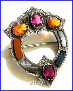 Antique Victorian Scottish Pebble Brooch c1890 Sterling Silver Agate Multi Stone