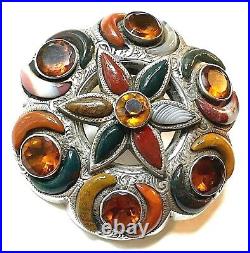 Antique Victorian Scottish Pebble Brooch c890 Sterling Silver Agate Bloodstone +