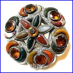 Antique Victorian Scottish Pebble Brooch c890 Sterling Silver Agate Bloodstone +