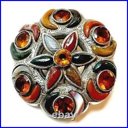 Antique Victorian Scottish Pebble Brooch c890 Sterling Silver Agate Bloodstone +