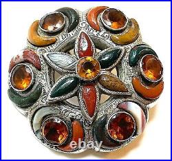 Antique Victorian Scottish Pebble Brooch c890 Sterling Silver Agate Bloodstone +