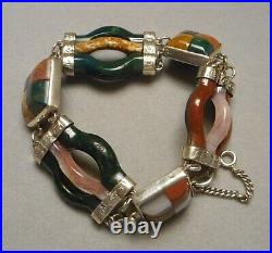 Antique Victorian Scottish Pebble Link Bracelet Agate Stone & Sterling Silver