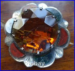 Antique Victorian Scottish SILVER amber glass red green agate flower brooch C397