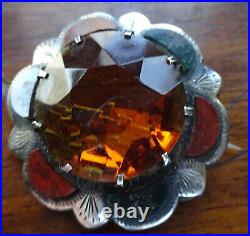 Antique Victorian Scottish SILVER amber glass red green agate flower brooch C397