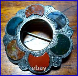 Antique Victorian Scottish SILVER blood stone red green flower brooch pin -Z249