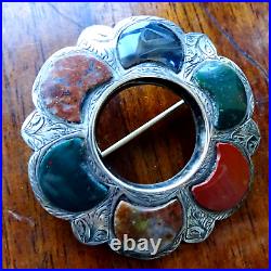 Antique Victorian Scottish SILVER blood stone red green flower brooch pin -Z249