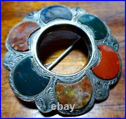 Antique Victorian Scottish SILVER blood stone red green flower brooch pin -Z249