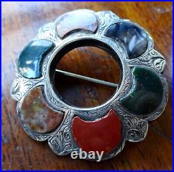 Antique Victorian Scottish SILVER blood stone red green flower brooch pin -Z249