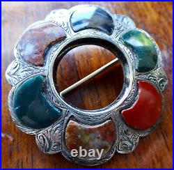 Antique Victorian Scottish SILVER blood stone red green flower brooch pin -Z249