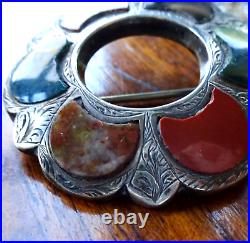 Antique Victorian Scottish SILVER blood stone red green flower brooch pin -Z249