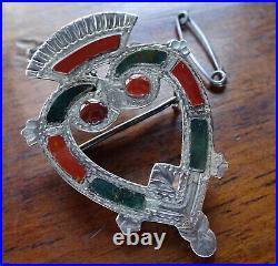 Antique Victorian Scottish SILVER red green AGATE heart crown brooch c pin -P228