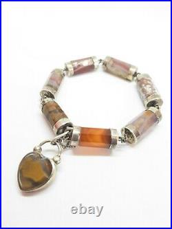 Antique Victorian Scottish Silver Agate Heart Padlock Pebble Bracelet