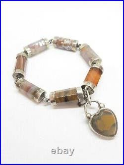 Antique Victorian Scottish Silver Agate Heart Padlock Pebble Bracelet