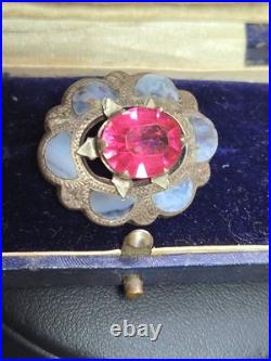 Antique Victorian Scottish Silver Amathyst Glass, Grey Lace Agate Brooch