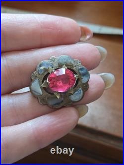 Antique Victorian Scottish Silver Amathyst Glass, Grey Lace Agate Brooch