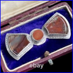 Antique Victorian Scottish Silver Bow Brooch Rare Dendritic Red Plume Agate