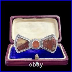 Antique Victorian Scottish Silver Bow Brooch Rare Dendritic Red Plume Agate