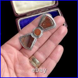 Antique Victorian Scottish Silver Bow Brooch Rare Dendritic Red Plume Agate