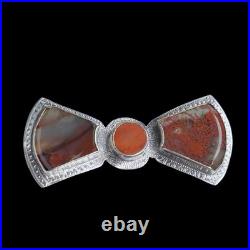 Antique Victorian Scottish Silver Bow Brooch Rare Dendritic Red Plume Agate