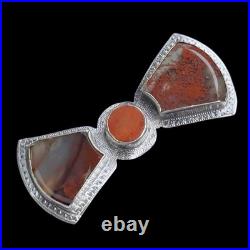 Antique Victorian Scottish Silver Bow Brooch Rare Dendritic Red Plume Agate
