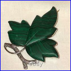 Antique Victorian Scottish Silver Malachite Large Ivy Leaf Brooch Engraved Pin