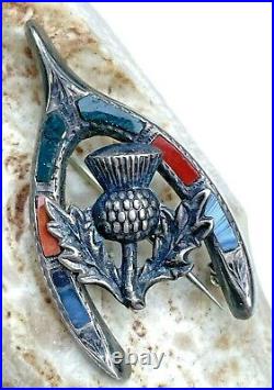 Antique Victorian Scottish Sterling Agate Jasper Pebble Brooch Wishbone Thistle