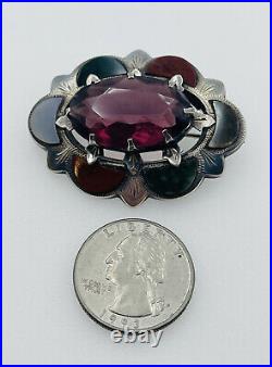 Antique Victorian Scottish Sterling Amethyst & Multi Color Agate Pin