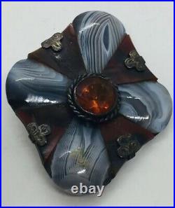 Antique Victorian Scottish Sterling Red & Gray Banded Agate & Citrine Pin