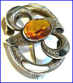 Antique Victorian Scottish Sterling Silver Agate Citrine Pebble Brooch c1890