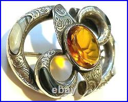 Antique Victorian Scottish Sterling Silver Agate Citrine Pebble Brooch c1890