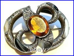 Antique Victorian Scottish Sterling Silver Agate Citrine Pebble Brooch c1890