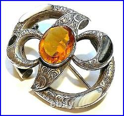 Antique Victorian Scottish Sterling Silver Agate Citrine Pebble Brooch c1890