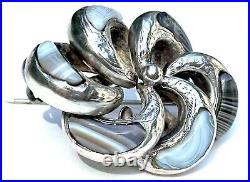 Antique Victorian Scottish Sterling Silver Agate Lovers Knot Pebble Brooch Pin