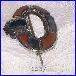 Antique Victorian Scottish Sterling Silver Agate Specimen Brooch Garter Pin