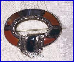Antique Victorian Scottish Sterling Silver Agate Specimen Brooch Garter Pin