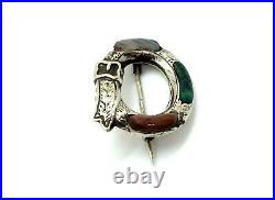 Antique Victorian Scottish Sterling Silver Agate Stone Etched Belt Buckle Brooch