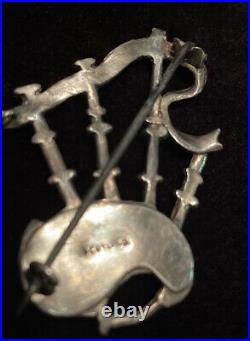 Antique Victorian Scottish Sterling Silver Agate scotland bagpipes Brooch Pin