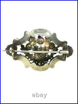 Antique Victorian Scottish Sterling Silver Citrine and Amethyst Thistle Brooch
