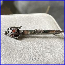 Antique Victorian Scottish Sterling Silver Jasper & coral Basket Hilt Kilt Pin