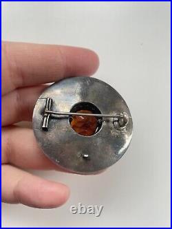 Antique Victorian Scottish Sterling Silver Malachite Citrine Brooch Pin 1.8