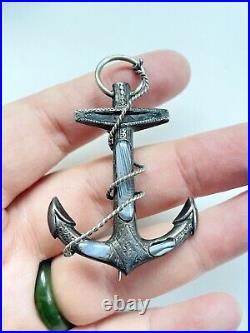 Antique Victorian Scottish Sterling Silver Montrose Agate Anchor Brooch Pin 2.25