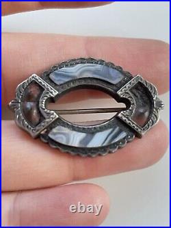 Antique Victorian Scottish Sterling Silver Montrose Banded Agate Brooch Pin 1.4