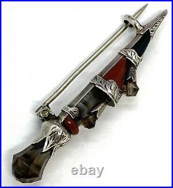Antique Victorian Scottish Sterling Silver Topaz Agate Dirk Dagger Pin Brooch 5g