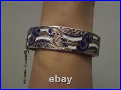 Antique Victorian Scottish Sterling Silver blue & white enamel bangle bracelet
