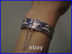 Antique Victorian Scottish Sterling Silver blue & white enamel bangle bracelet