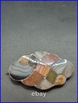 Antique Victorian Scottish Woven Agate & Sterling Silver Brooch