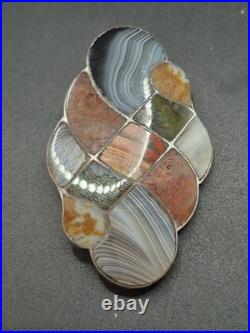 Antique Victorian Scottish Woven Agate & Sterling Silver Brooch