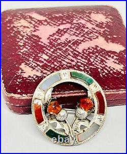 Antique Victorian Silver Scottish Mixed Agate Paste Double Thistle Brooch/Pin