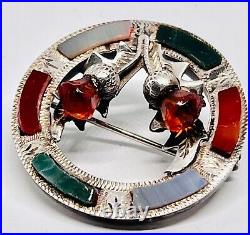 Antique Victorian Silver Scottish Mixed Agate Paste Double Thistle Brooch/Pin